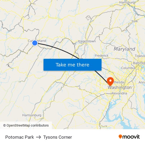 Potomac Park to Tysons Corner map