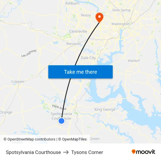 Spotsylvania Courthouse to Tysons Corner map