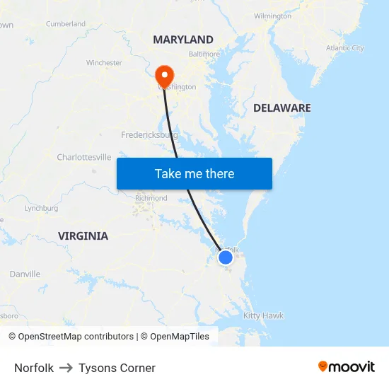 Norfolk to Tysons Corner map
