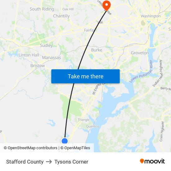 Stafford County to Tysons Corner map