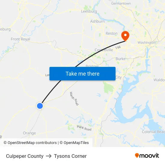 Culpeper County to Tysons Corner map