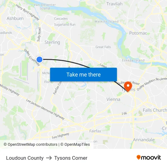 Loudoun County to Tysons Corner map
