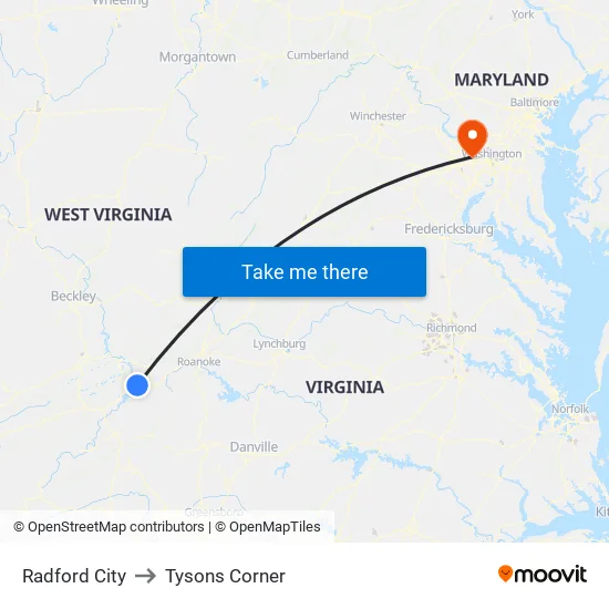 Radford City to Tysons Corner map