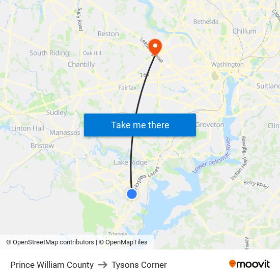 Prince William County to Tysons Corner map