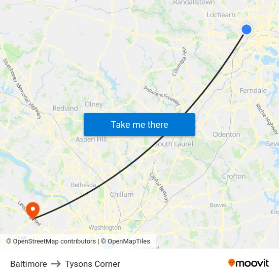 Baltimore to Tysons Corner map