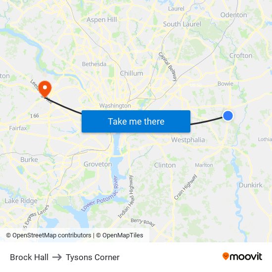 Brock Hall to Tysons Corner map