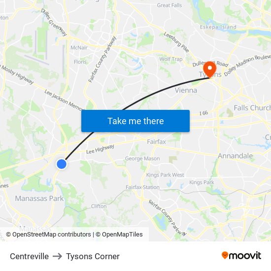 Centreville to Tysons Corner map
