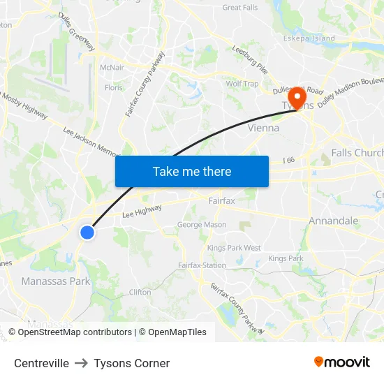 Centreville to Tysons Corner map