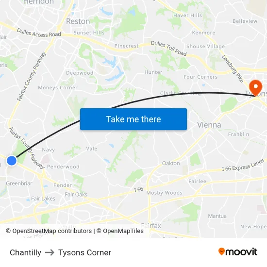 Chantilly to Tysons Corner map