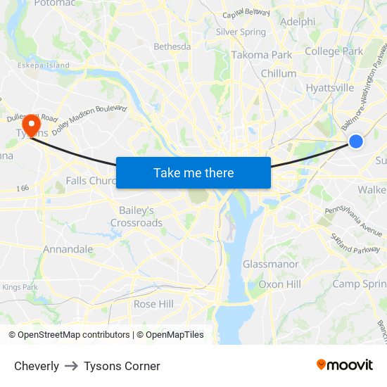 Cheverly to Tysons Corner map