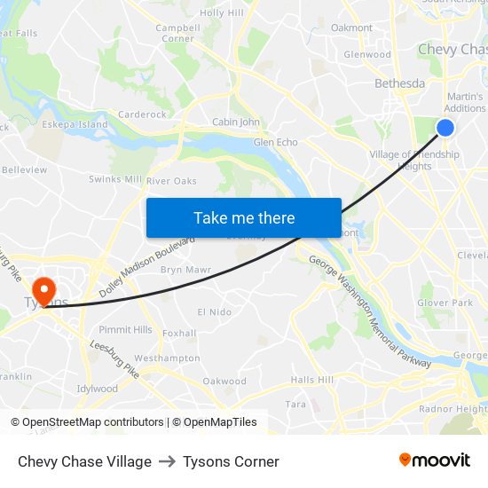 Chevy Chase Village to Tysons Corner map