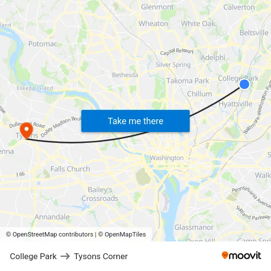 College Park to Tysons Corner map