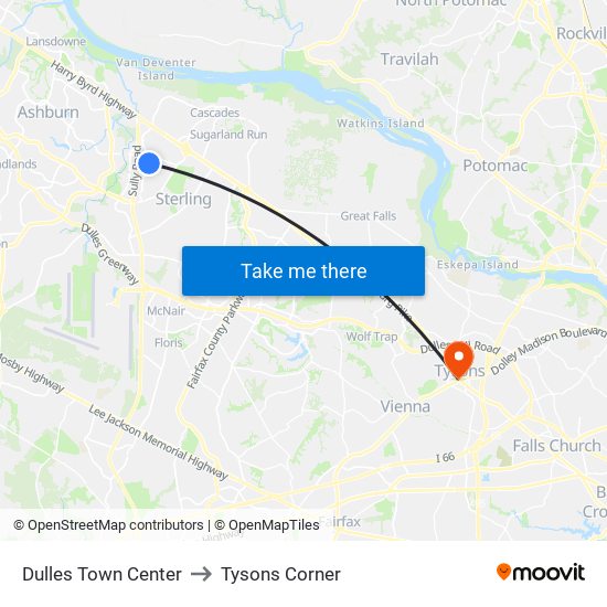 Dulles Town Center to Tysons Corner map