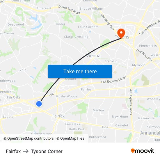 Fairfax to Tysons Corner map