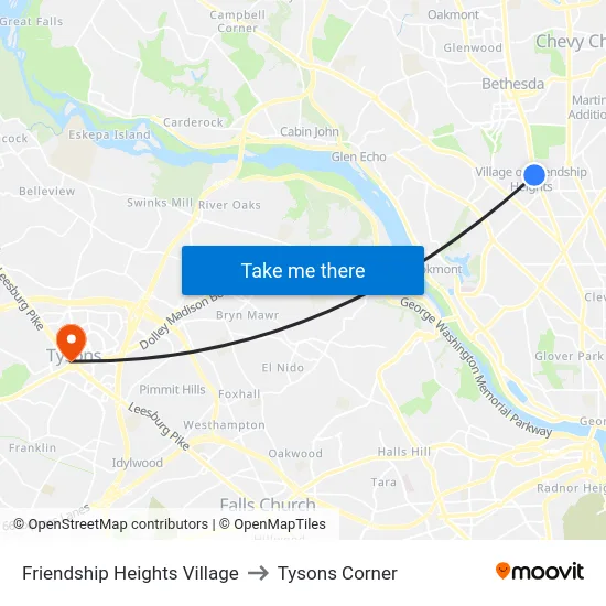 Friendship Heights Village to Tysons Corner map