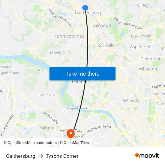 Gaithersburg to Tysons Corner map