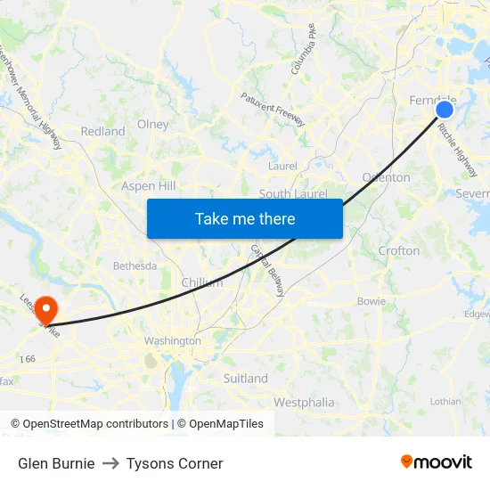 Glen Burnie to Tysons Corner map
