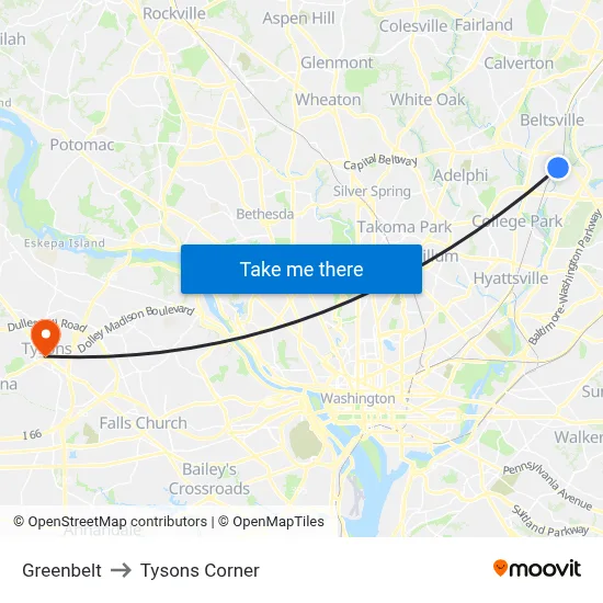 Greenbelt to Tysons Corner map