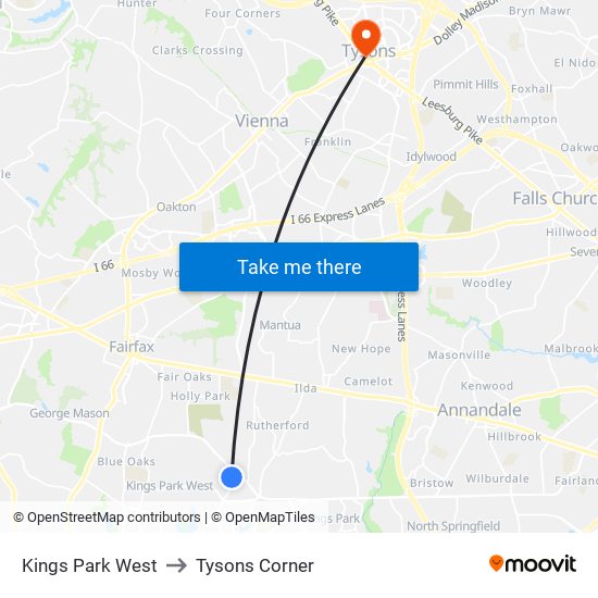 Kings Park West to Tysons Corner map