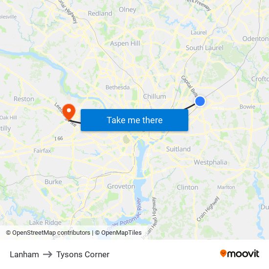 Lanham to Tysons Corner map