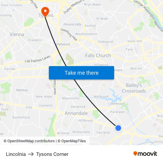 Lincolnia to Tysons Corner map