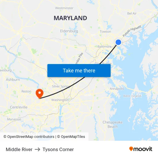 Middle River to Tysons Corner map