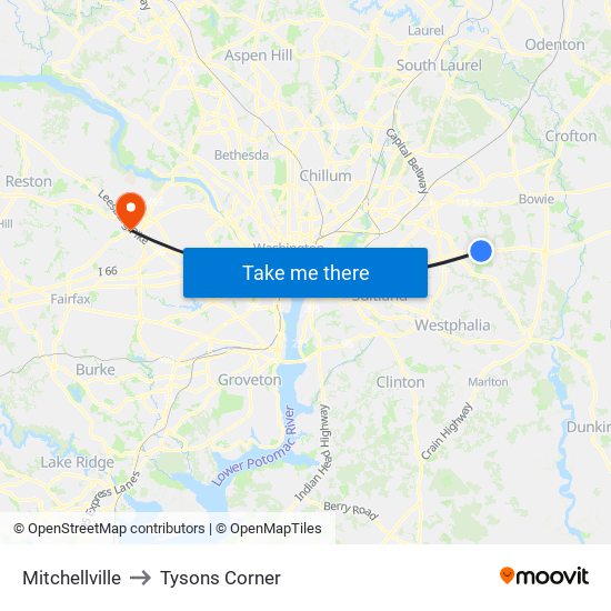 Mitchellville to Tysons Corner map