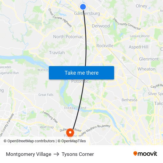 Montgomery Village to Tysons Corner map