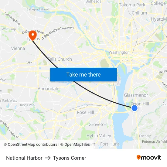 National Harbor to Tysons Corner map