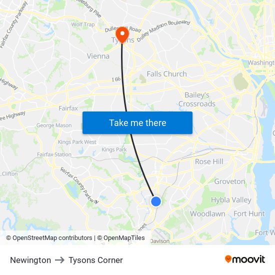 Newington to Tysons Corner map