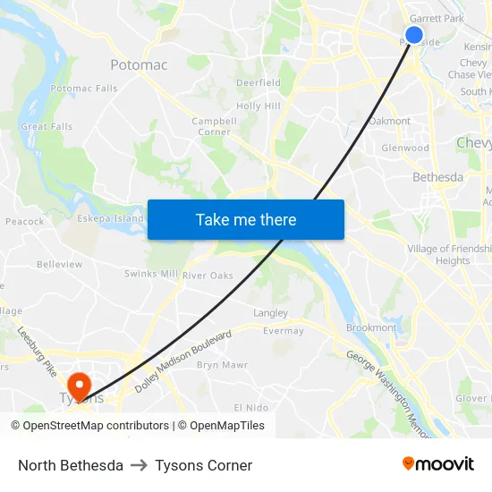 North Bethesda to Tysons Corner map