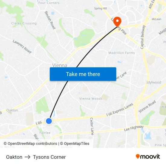 Oakton to Tysons Corner map