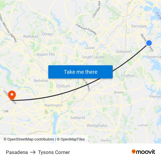 Pasadena to Tysons Corner map