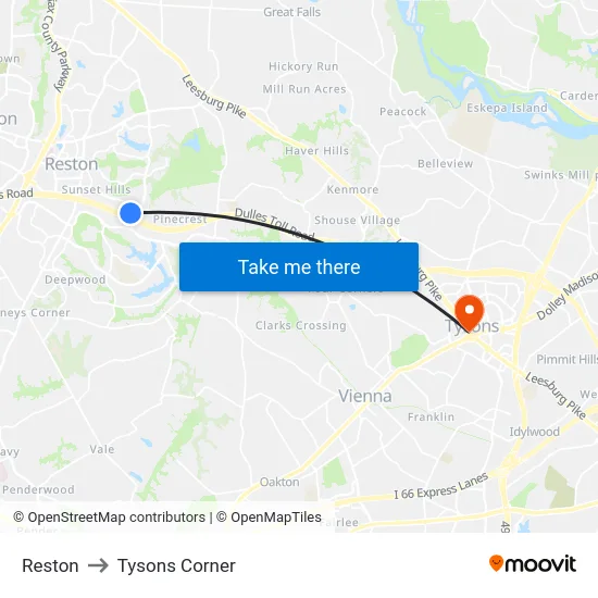 Reston to Tysons Corner map