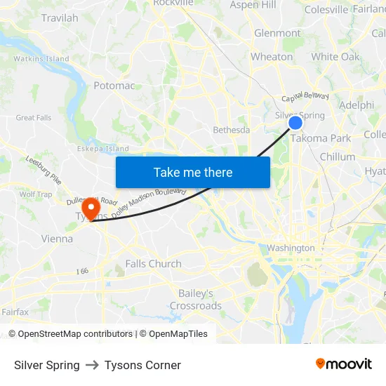 Silver Spring to Tysons Corner map