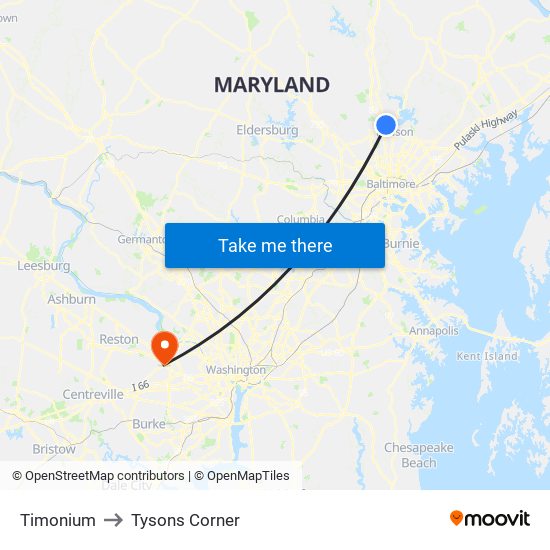 Timonium to Tysons Corner map