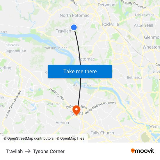 Travilah to Tysons Corner map