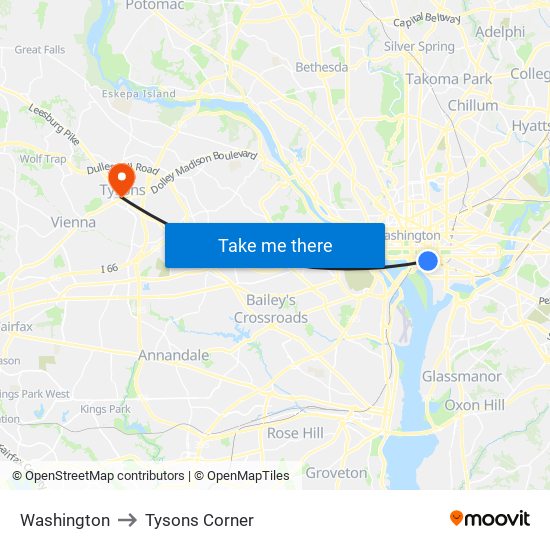 Washington to Tysons Corner map