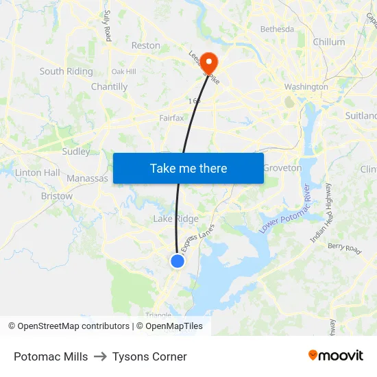 Potomac Mills to Tysons Corner map