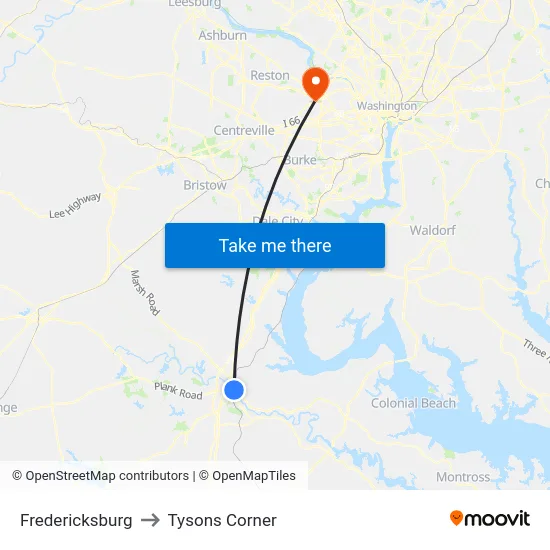 Fredericksburg to Tysons Corner map