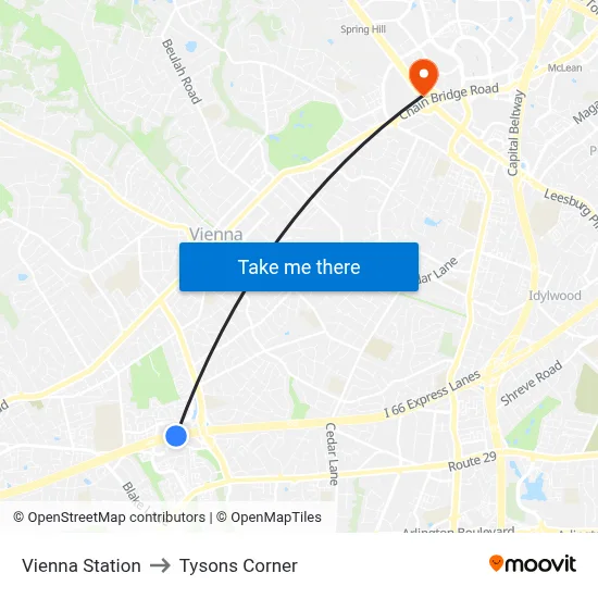 Vienna Station to Tysons Corner map