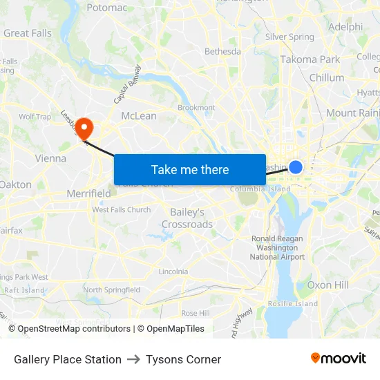 Gallery Place Station to Tysons Corner map