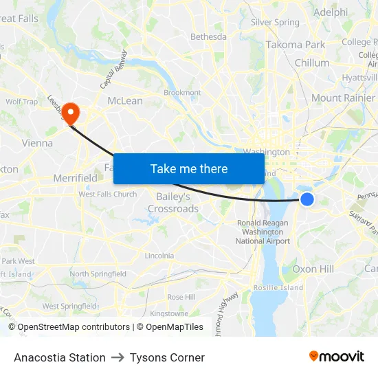 Anacostia Station to Tysons Corner map