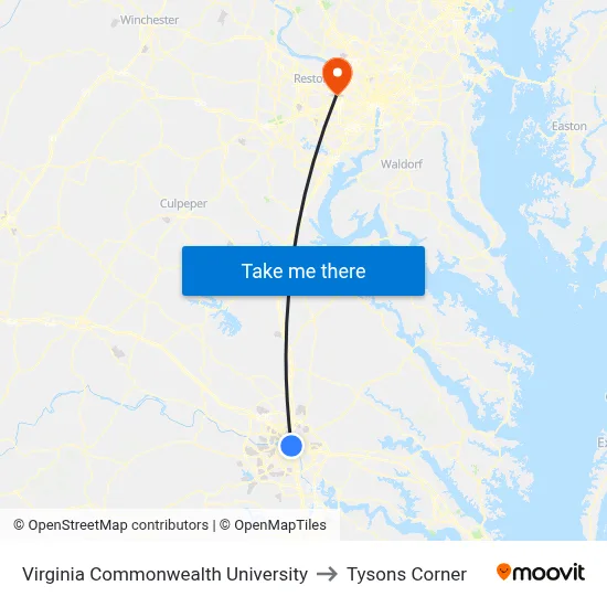 Virginia Commonwealth University to Tysons Corner map