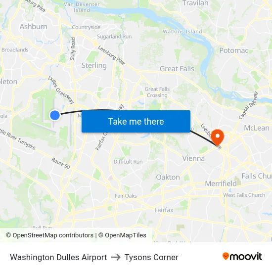 Washington Dulles Airport to Tysons Corner map