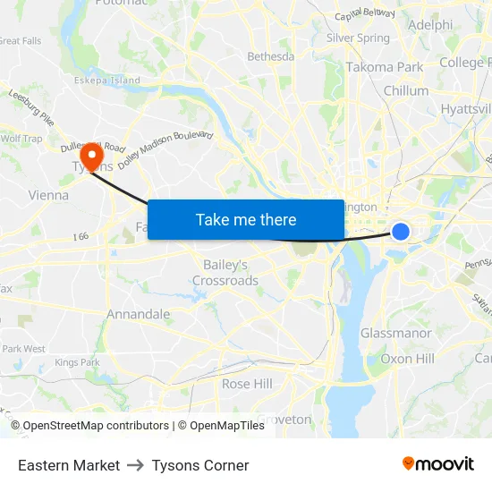 Eastern Market to Tysons Corner map