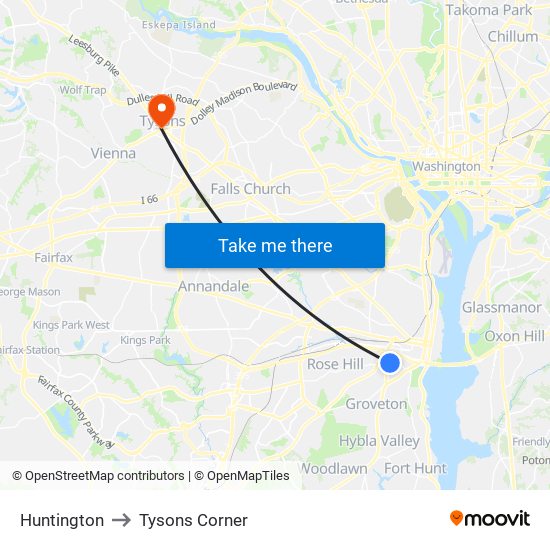 Huntington to Tysons Corner map