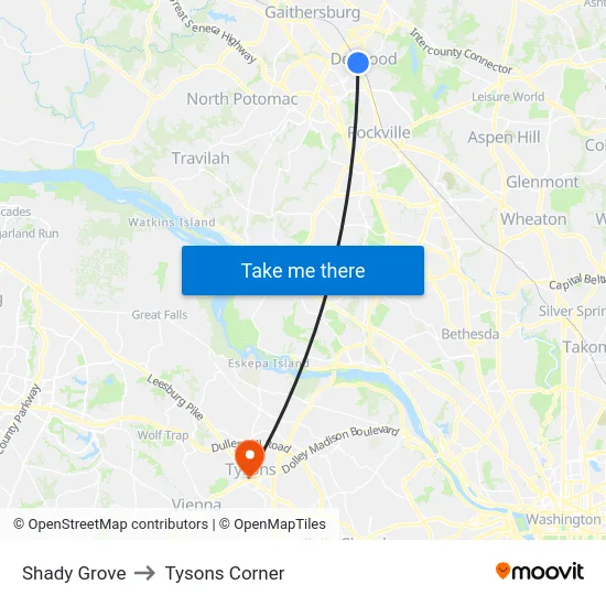 Shady Grove to Tysons Corner map