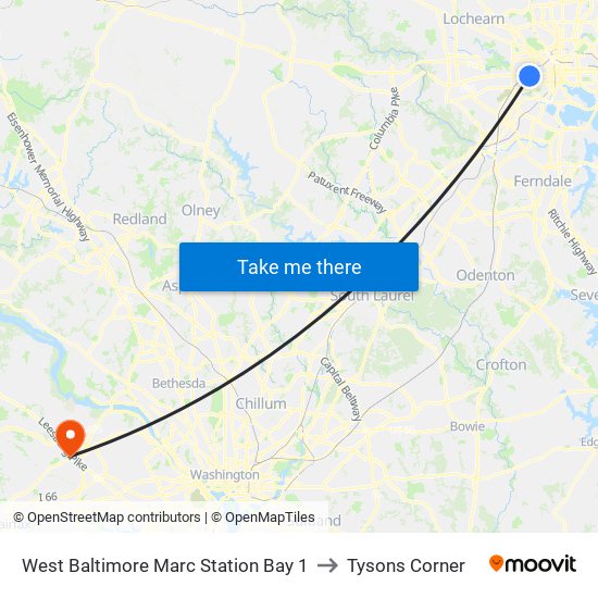 West Baltimore Marc Station Bay 1 to Tysons Corner map