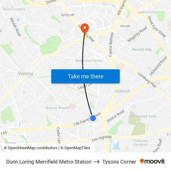 Dunn Loring Merrifield Metro Station to Tysons Corner map